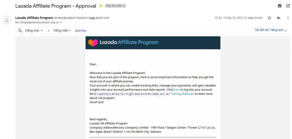 Mail kích hoạt tài khoản thành công Affilate Lazada