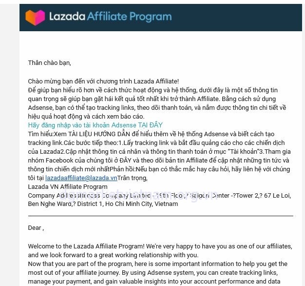 mail thông báo từ affiliate lazada
